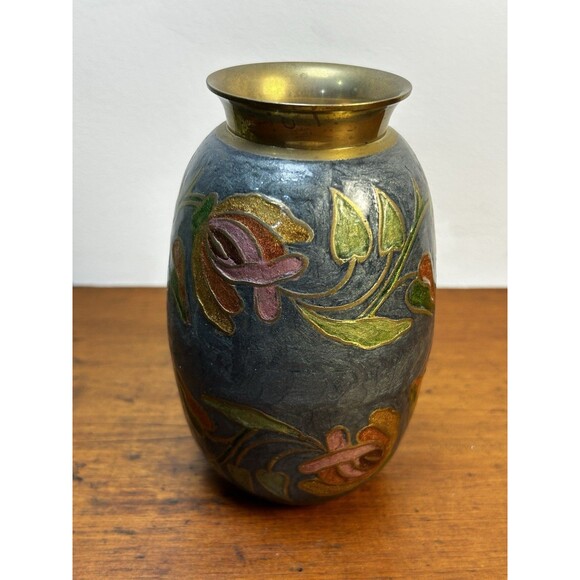 Vintage Brass & Enamel Painted Cloisonné Floral Bud Vase 5” Tall - Picture 3 of 9